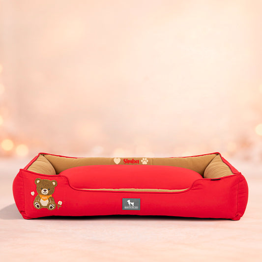 HUFT Personalised Bear Hug Classic Lounger Bed For Dogs - Red & Brown - Heads Up For Tails