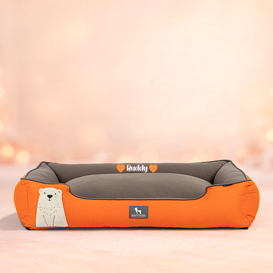 HUFT Personalised Cloudy Bear Classic Lounger Bed For Dog - Orange & Grey - Heads Up For Tails