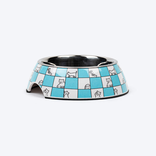HUFT Purrfect Grid Printed Melamine Bowl With Steel Insert For Cat - Blue & White - Heads Up For Tails