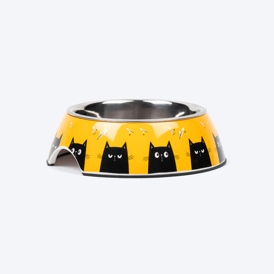 HUFT Buzz & Whiskers Printed Melamine Bowl With Steel Insert For Cat - Chrome Yellow - Heads Up For Tails