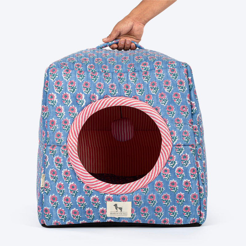 HUFT Jaipuri Phool Block-Printed Tent For Cat - Blue & Pink