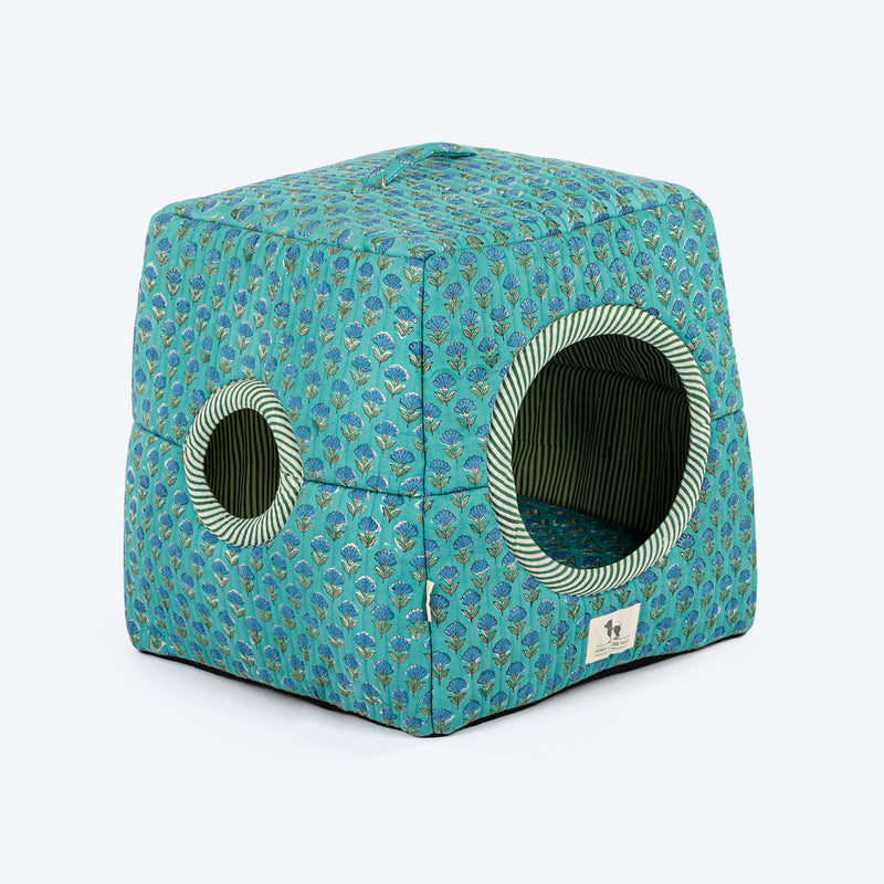 HUFT Jaipuri Gul Block-Printed Tent For Cat - Green & Blue