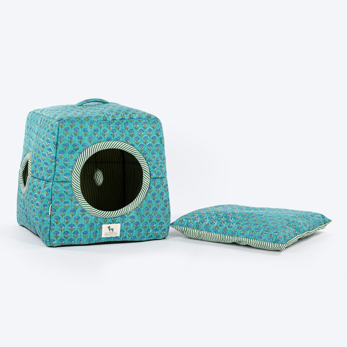 HUFT Jaipuri Gul Block-Printed Tent For Cat - Green & Blue