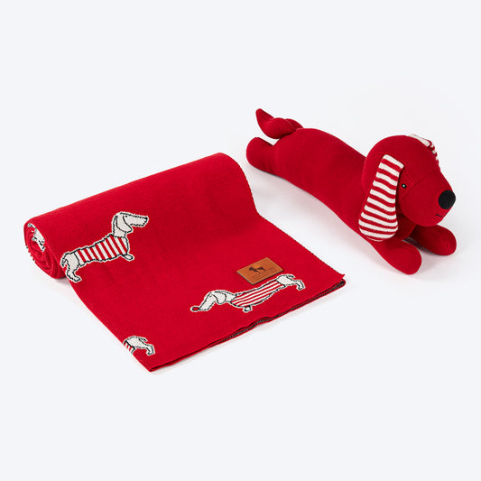 HUFT Stripes & Snouts Blanket With Cushion For Dog - Red