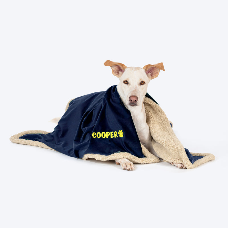 HUFT Personalised Luxe Velvet Blanket For Dog & Cat - Dark Navy - Heads Up For Tails