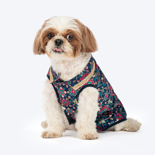 HUFT Customised Paw-tola Pawfect Brocade Sherwani For Dog & Cat - Navy