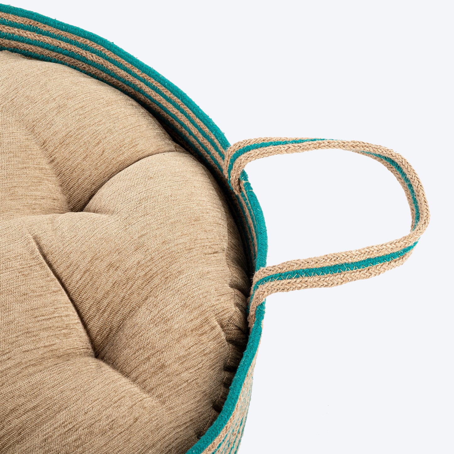 HUFT Whisker Retreat Jute Basket Bed With Cushion For Small Dogs & Cats- Aqua & Brown