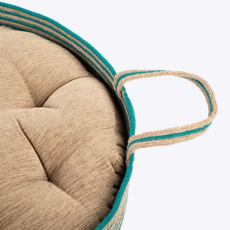 HUFT Whisker Retreat Jute Basket Bed With Cushion For Small Dogs & Cats- Aqua & Brown - Heads Up For Tails