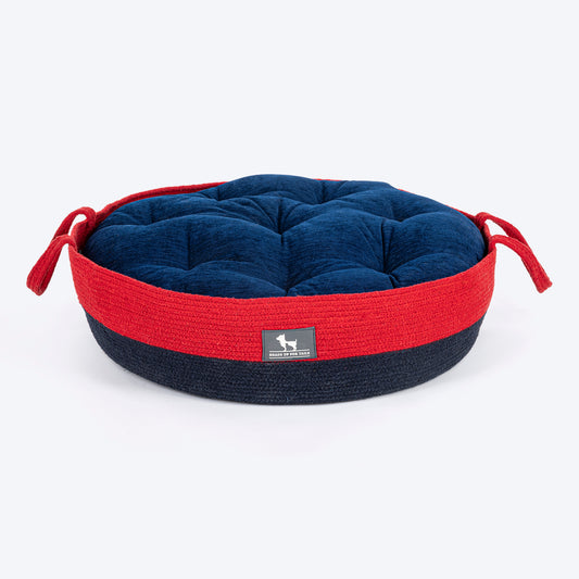 HUFT Cuddle Paws Jute Basket Bed With Cushion For Small Dogs & Cats - Red & Navy