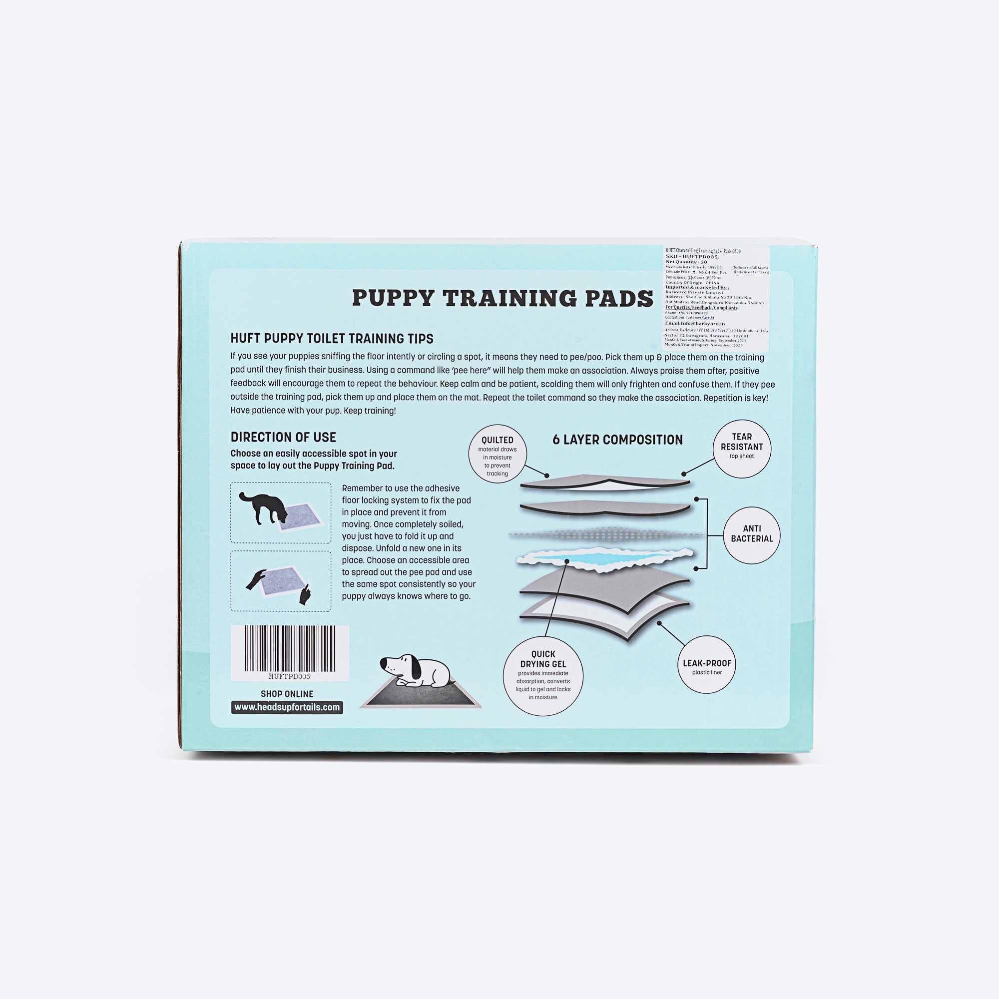 HUFT Charcoal Puppy Training Pads Online in India Best Training Pads Heads Up For Tails