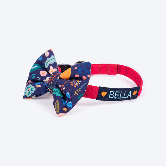 HUFT Personalised Blooming Days Fabric Collar For Dogs With Free Bow Tie - Navy Blue - Heads Up For Tails