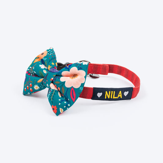 HUFT Personalised Blooming Days Fabric Collar For Dogs With Free Bow Tie - Teal Green