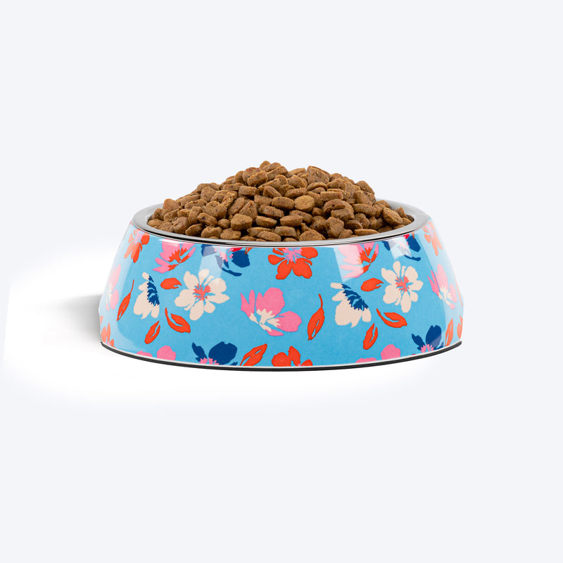 HUFT Summer Bloom Printed Melamine Bowl With Steel Insert For Dog - Blue - Heads Up For Tails