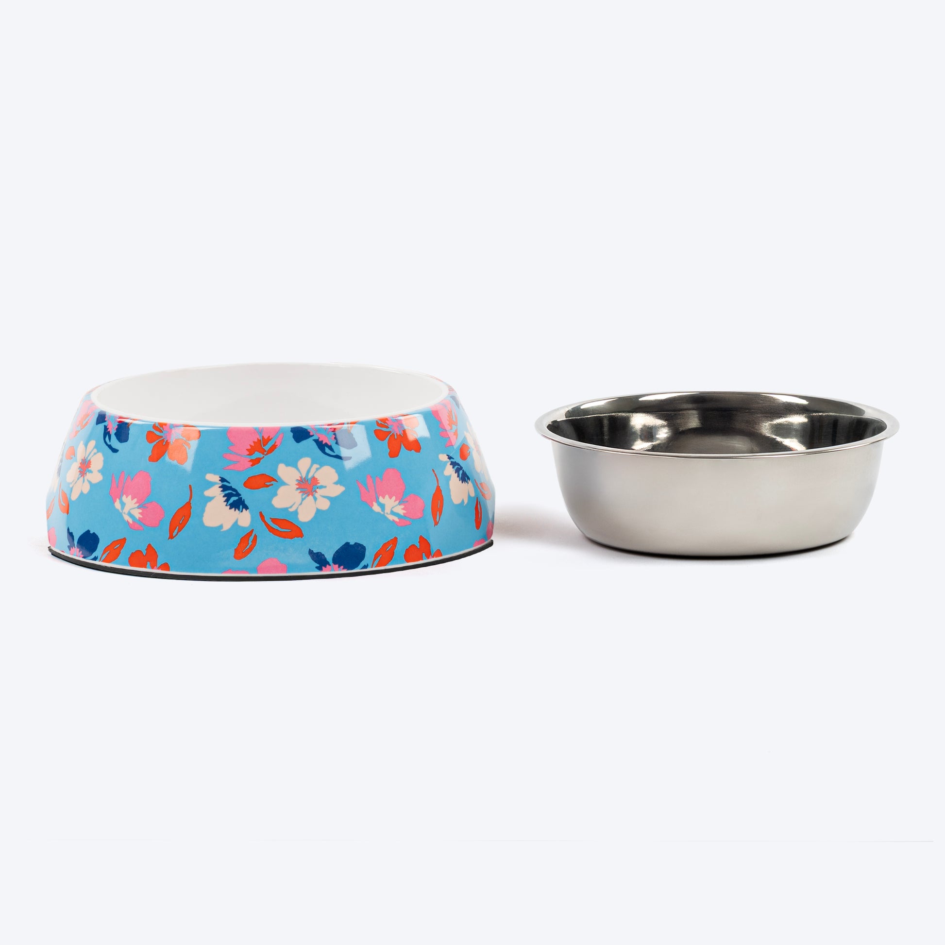HUFT Summer Bloom Printed Melamine Bowl With Steel Insert For Dog - Blue - Heads Up For Tails