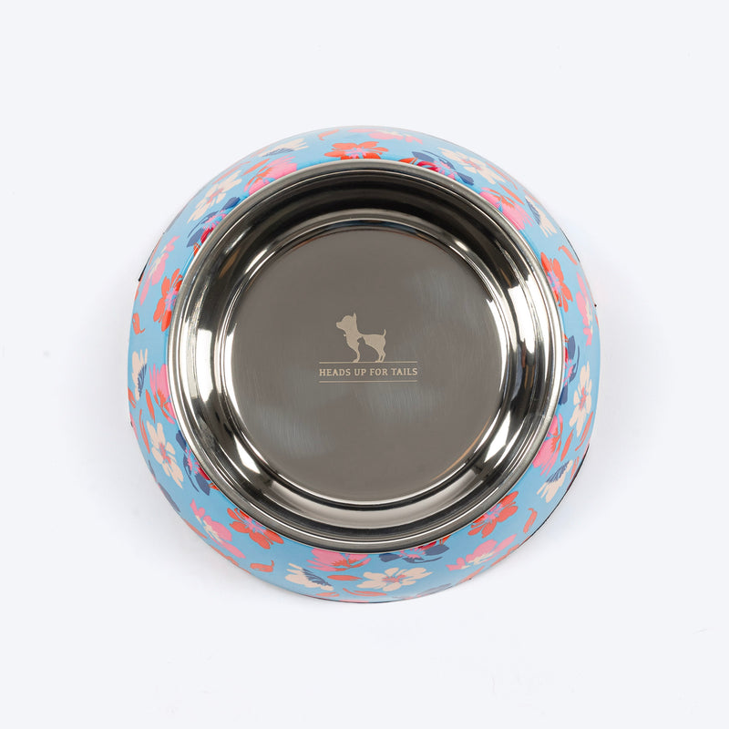 HUFT Summer Bloom Printed Melamine Bowl With Steel Insert For Dog - Blue - Heads Up For Tails