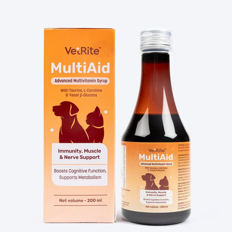 VetRite MultiAid Immunity, Muscle & Nerve Support Advanced Multivitamin Syrup For Dog & Cat - 200 ml - Heads Up For Tails