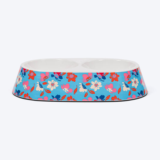 HUFT Summer Bloom Printed Melamine Double Diner For Dog - Blue