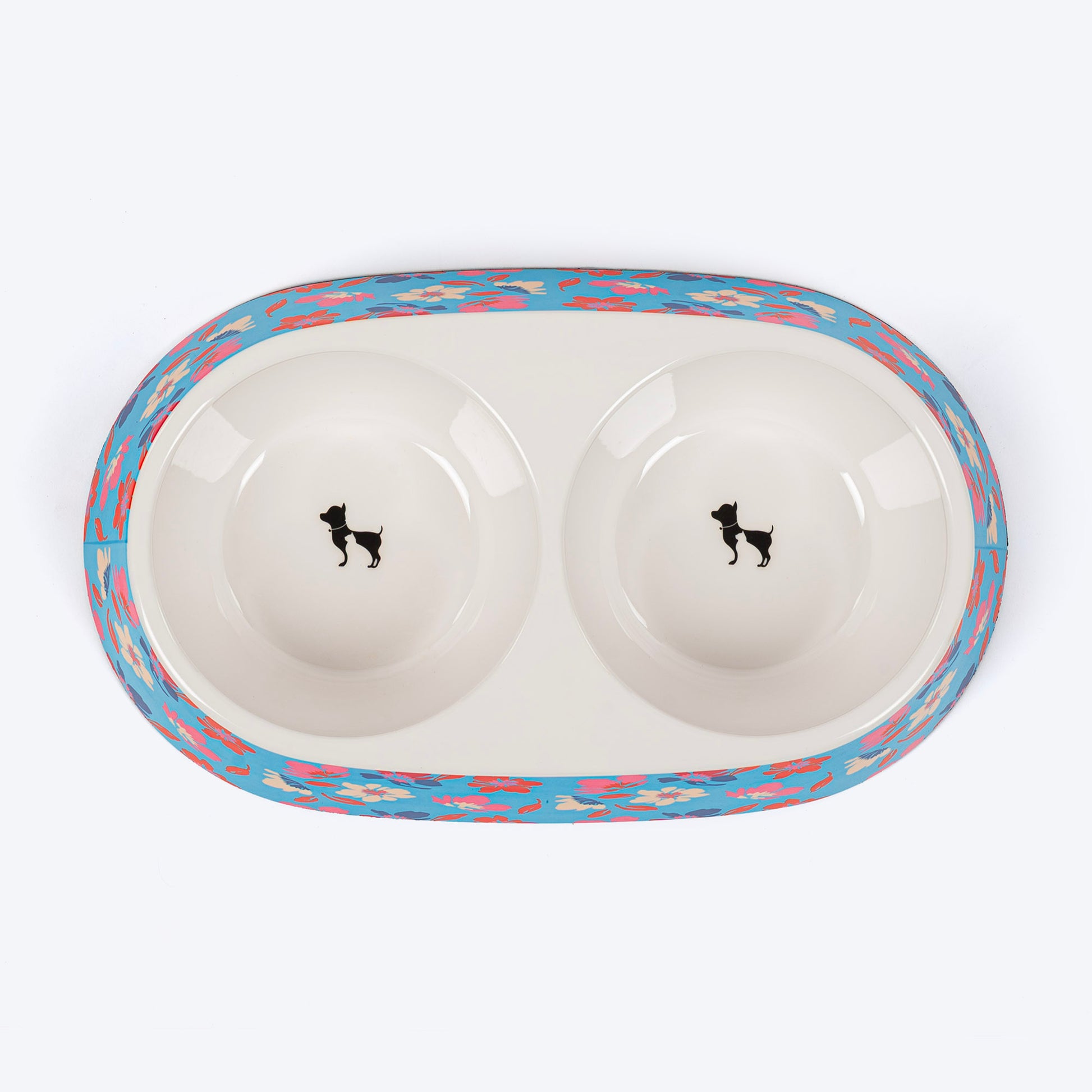 HUFT Summer Bloom Printed Melamine Double Diner For Dog - Blue - Heads Up For Tails