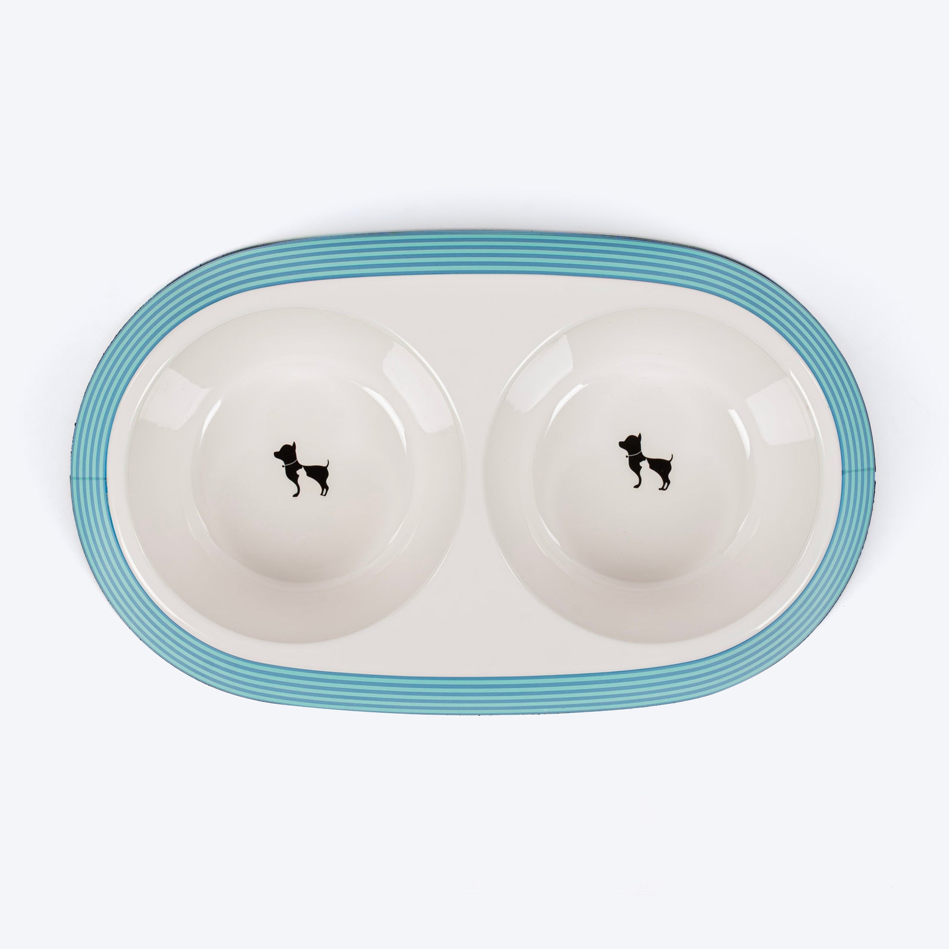 HUFT Happy Stripes Printed Melamine Double Diner For Dog - Blue & Turquoise - Heads Up For Tails