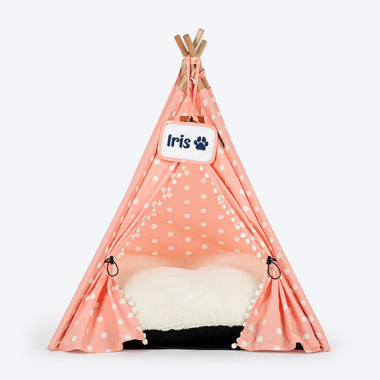HUFT Personalised Polka Paws Teepee Tent Bed For Dog & Cat - Peach