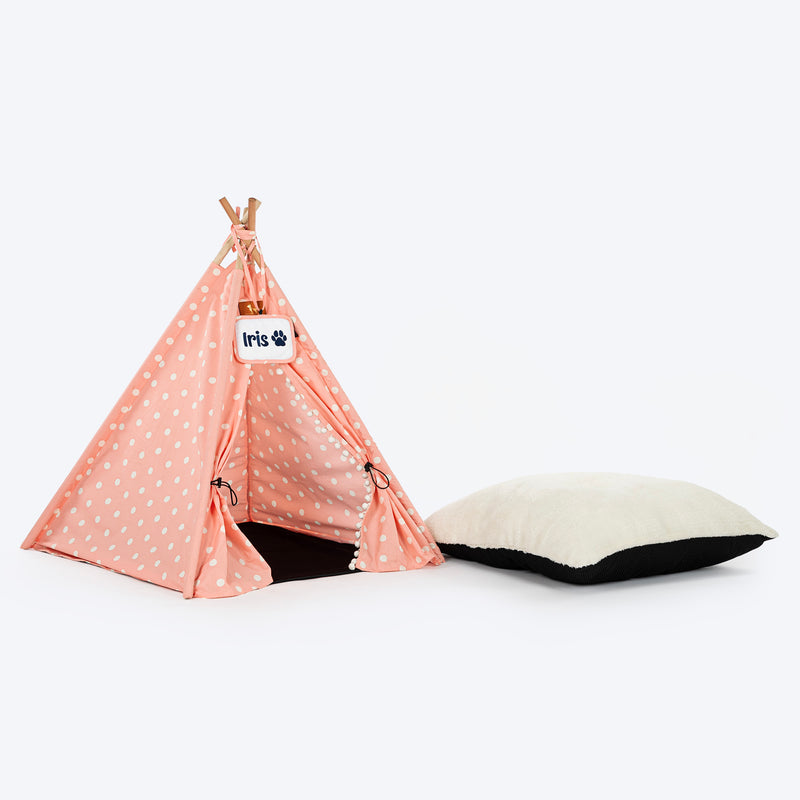 HUFT Personalised Polka Paws Teepee Tent Bed For Dog & Cat - Peach - Heads Up For Tails