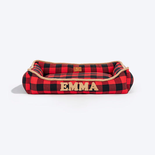 HUFT Personalised Checkered Cuddle Lounger Bed For Dog - Red & Black