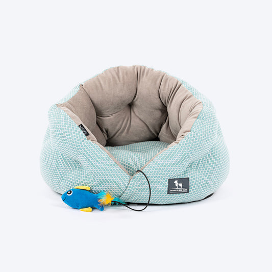 HUFT Purrfect Perch Bed With Fish Plush Toy For Cat & Puppy - Light Blue & Grey