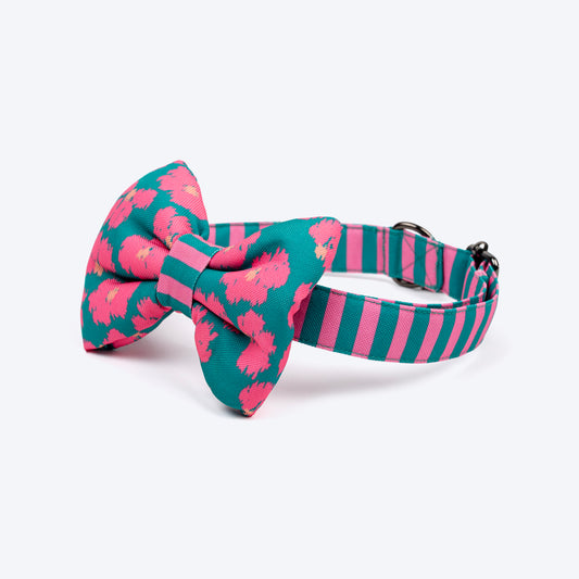 HUFT Pawsome Blossom Bow Tie With Collar For Dog - Green & Pink - Heads Up For Tails