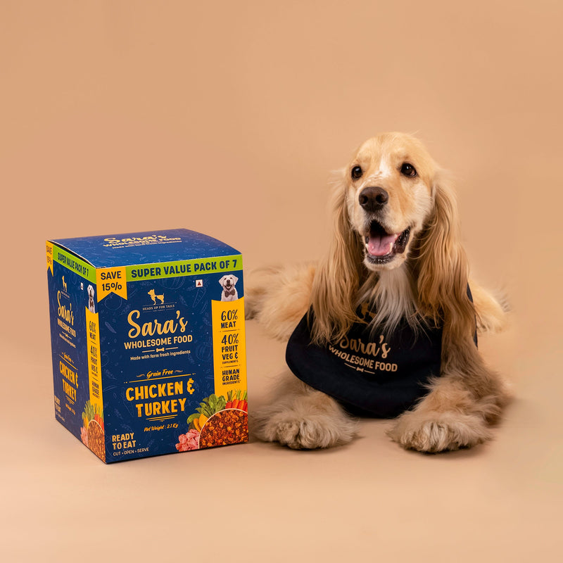 Sara's Wholesome Grain-Free Chicken and Turkey Dog Food, 7 x 300g, total weight 2.1 kg, made with 60% meat and 40% fruits and