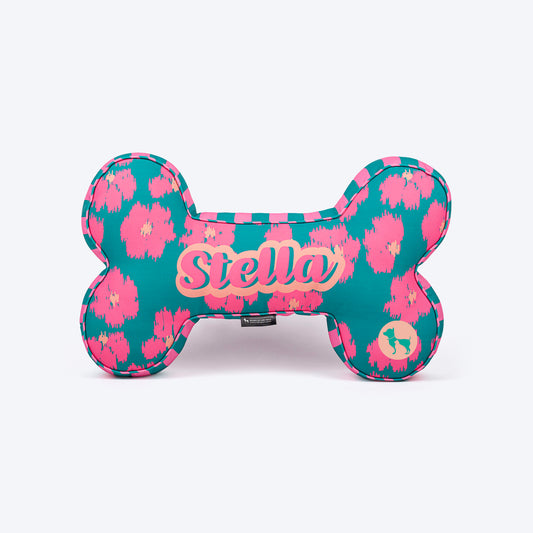 HUFT Personalised Pawsome Blossom Bone Cushion For Dog - Green & Pink - Heads Up For Tails