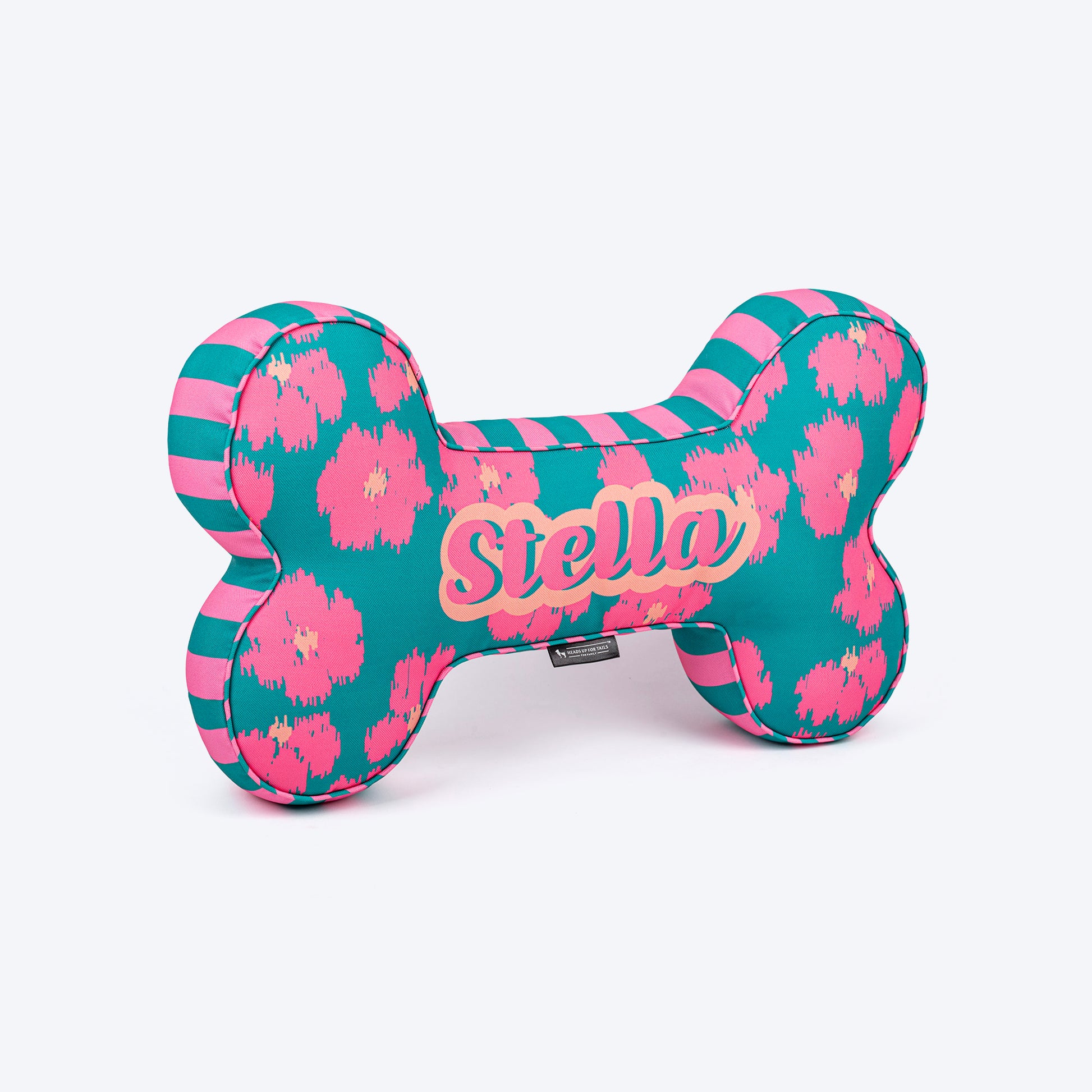HUFT Personalised Pawsome Blossom Bone Cushion For Dog - Green & Pink - Heads Up For Tails