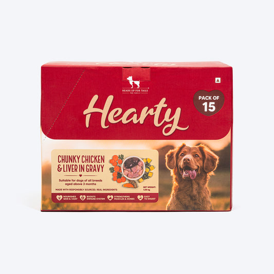 Hearty Chunky Chicken & Liver in Gravy dog wet food by Heads Up for Tails, 70 g, suitable for dogs over 3 months.