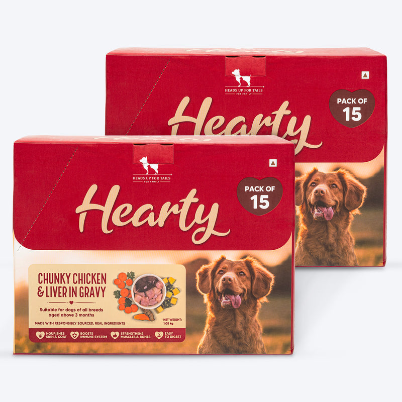 Hearty Chunky Chicken & Liver in Gravy dog wet food by Heads Up for Tails, 70 g, suitable for dogs over 3 months.