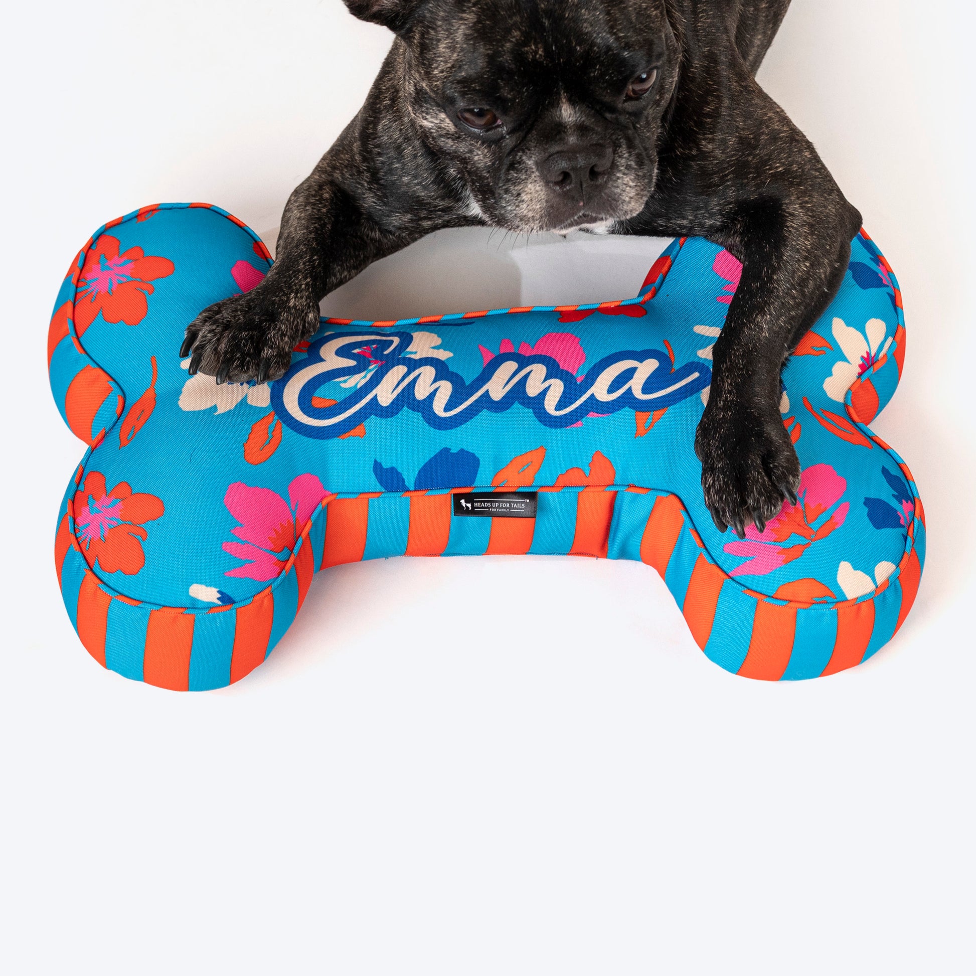 HUFT Personalised Summer Bloom Bone Cushion For Dog - Blue - Heads Up For Tails