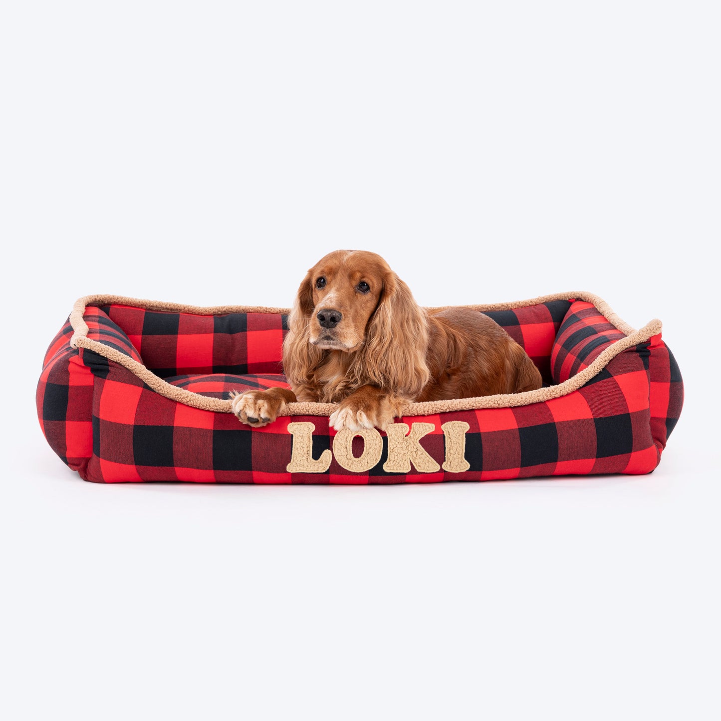 HUFT Personalised Checkered Cuddle Lounger Bed For Dog - Red & Black