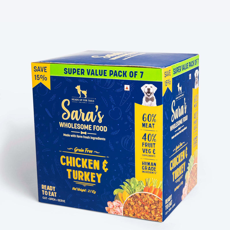 Sara's Wholesome Grain-Free Chicken and Turkey Dog Food, 7 x 300g, total weight 2.1 kg, made with 60% meat and 40% fruits and