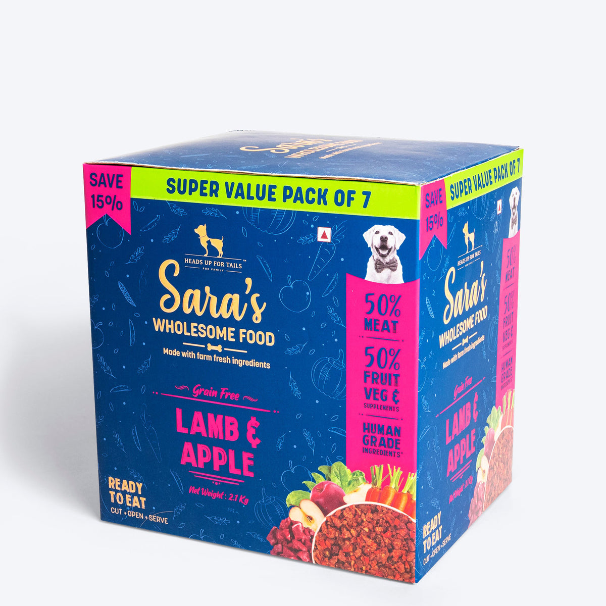 Sara's Wholesome Grain-Free Lamb and Apple Dog Food, 7 x 300g pack, made with 50% meat and 50% fruits and vegetables.