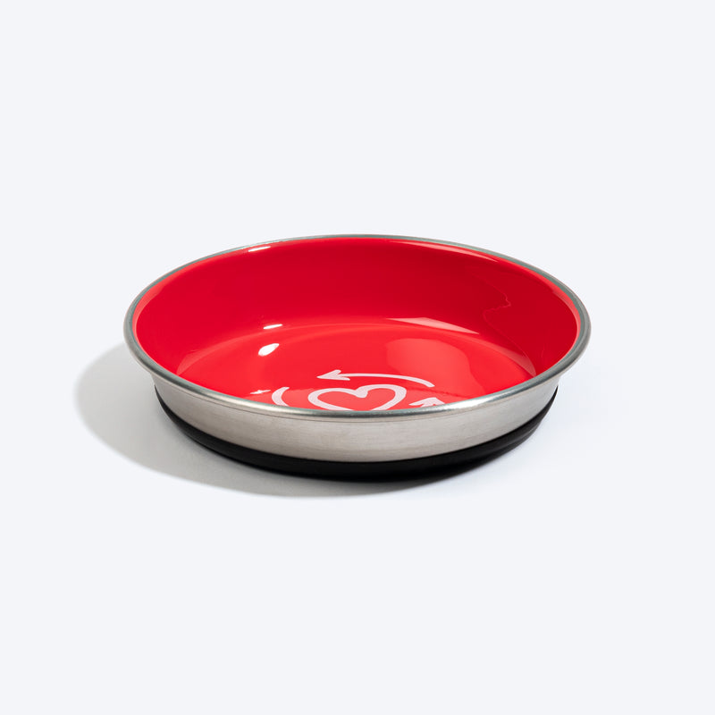 HUFT Cute Hearts Printed Steel Bowl For Cat - Red - Heads Up For Tails