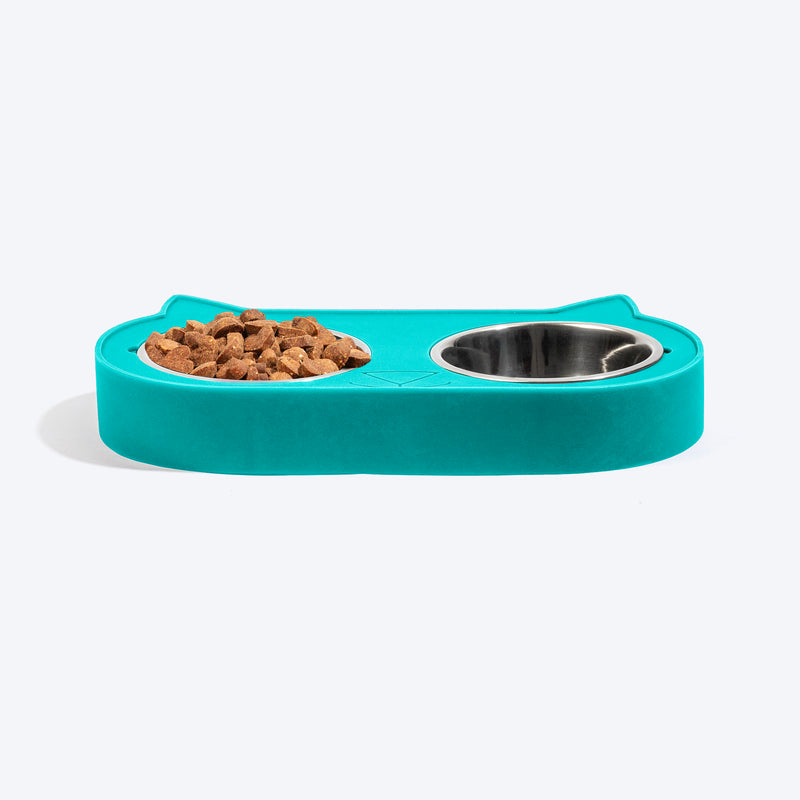 HUFT Cat Face Double Diner With Steel Inserts For Cat & Kitten - Teal