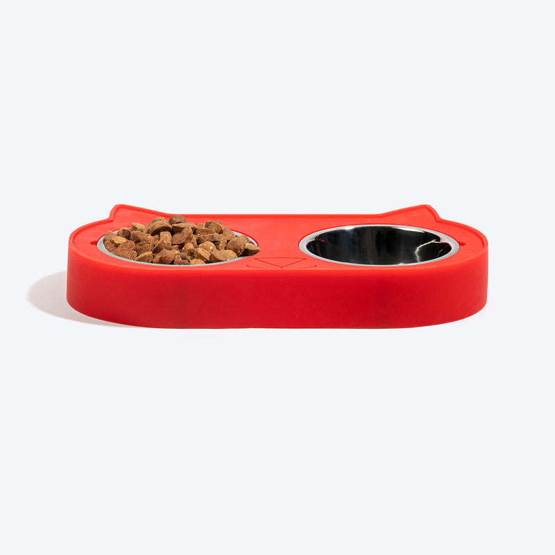 HUFT Cat Face Double Diner With Steel Bowls Inserts For Cat & Kitten - Red - Heads Up For Tails