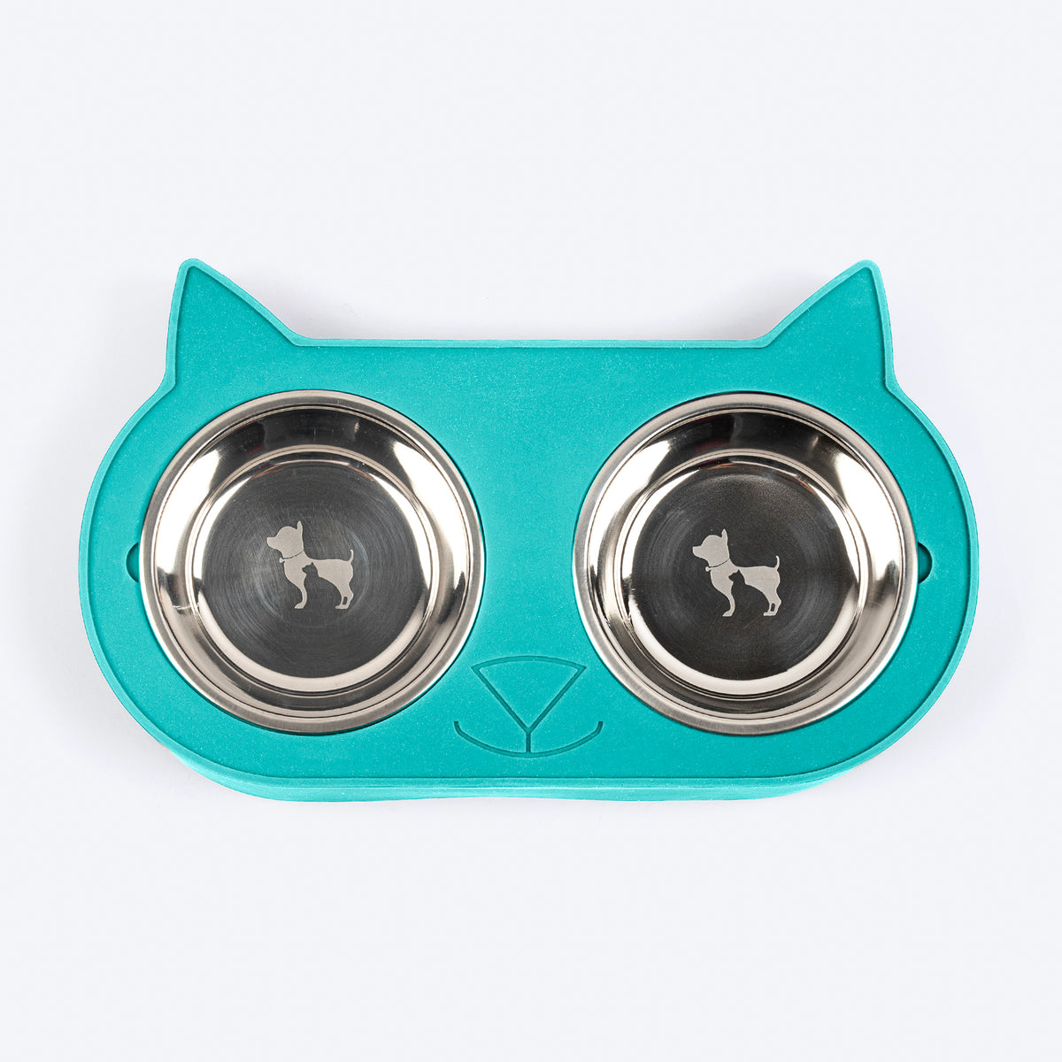 HUFT Cat Face Double Diner With Steel Inserts For Cat & Kitten - Teal