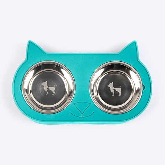 HUFT Cat Face Double Diner With Steel Inserts For Cat & Kitten - Teal