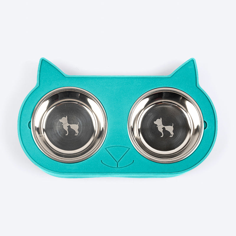 HUFT Cat Face Double Diner With Steel Inserts For Cat & Kitten - Teal