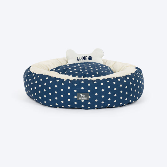 HUFT Personalised Polka Paws Fur Donut Bed For Dog & Cat - Navy