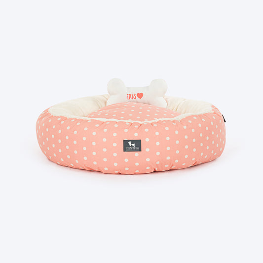 HUFT Personalised Polka Paws Fur Donut Bed For Dog & Cat - Peach