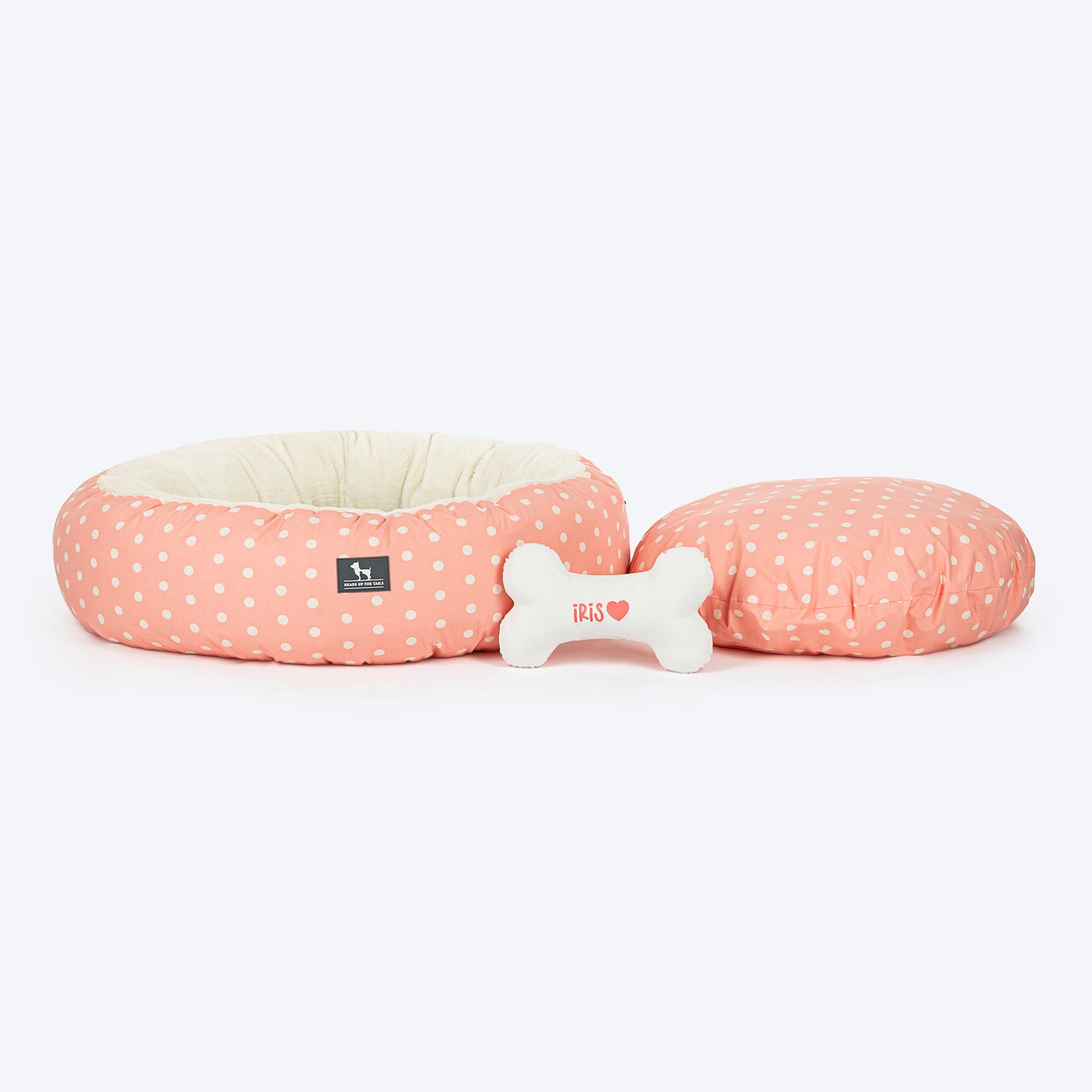 HUFT Personalised Polka Paws Fur Donut Bed For Dog & Cat - Peach