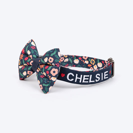 HUFT Personalised Floral Fusion Fabric Collar With Free Bow Tie For Dog - Ink Blue