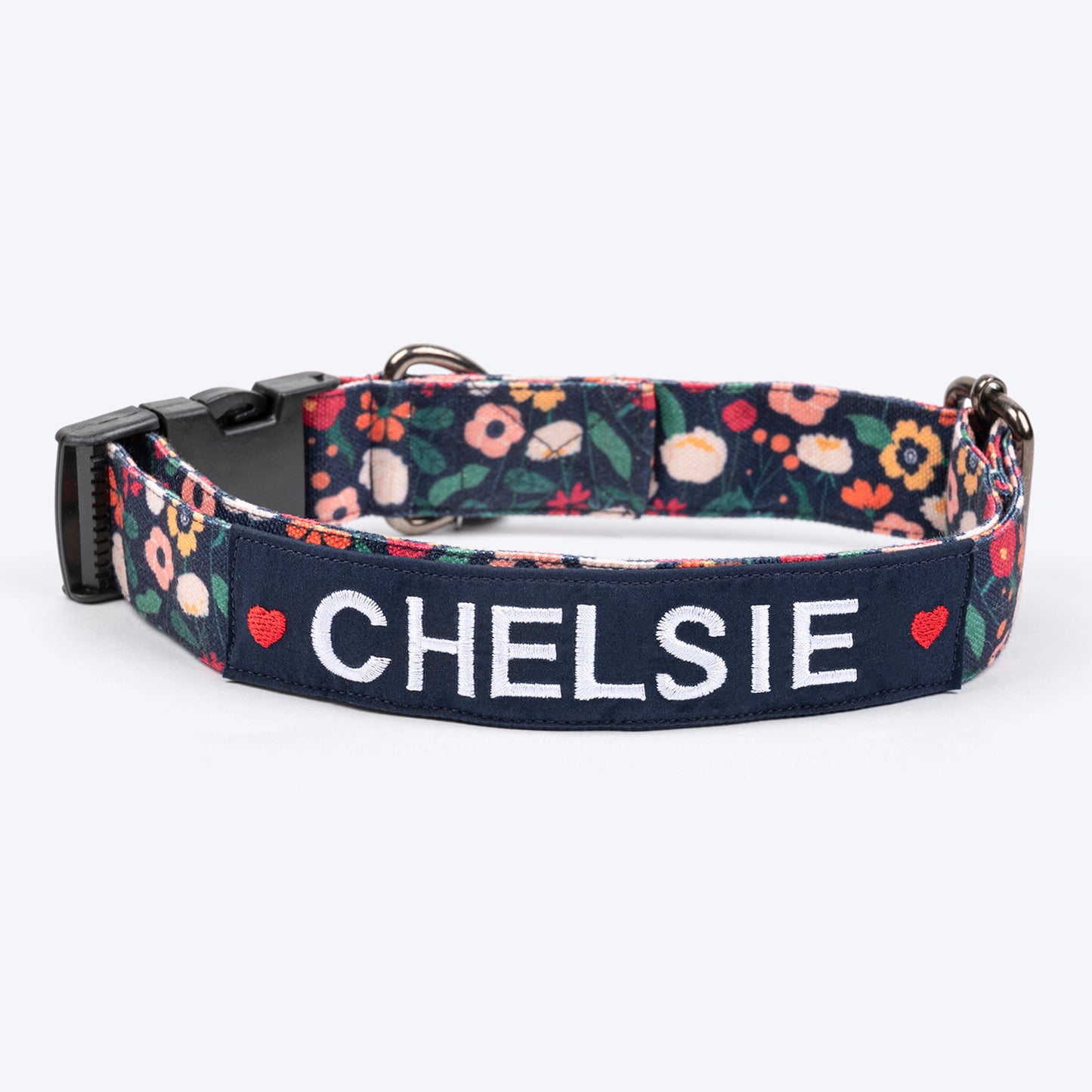 HUFT Personalised Floral Fusion Fabric Collar With Free Bow Tie For Dog - Ink Blue