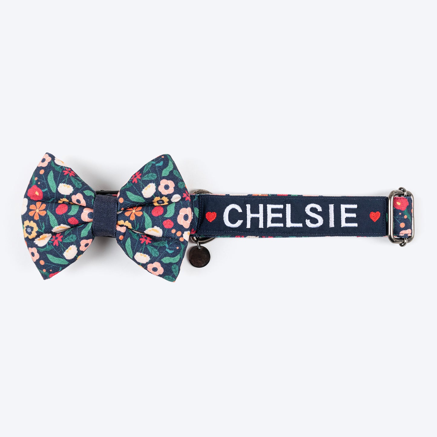 HUFT Personalised Floral Fusion Fabric Collar With Free Bow Tie For Dog - Ink Blue