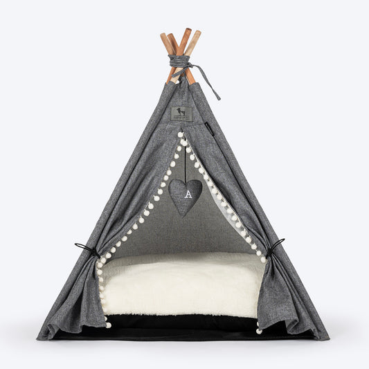 HUFT Personalised Cozy Fort Teepee Tent Bed For Dog & Cat - Charcoal Black - Heads Up For Tails